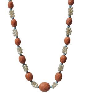 Vintage Coral Faux Pearl Beaded Necklace Retro 70s Fashion Jewelry Women